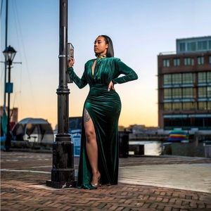 Zenaida Emerald Green Cutout High Slit Velvet Gown